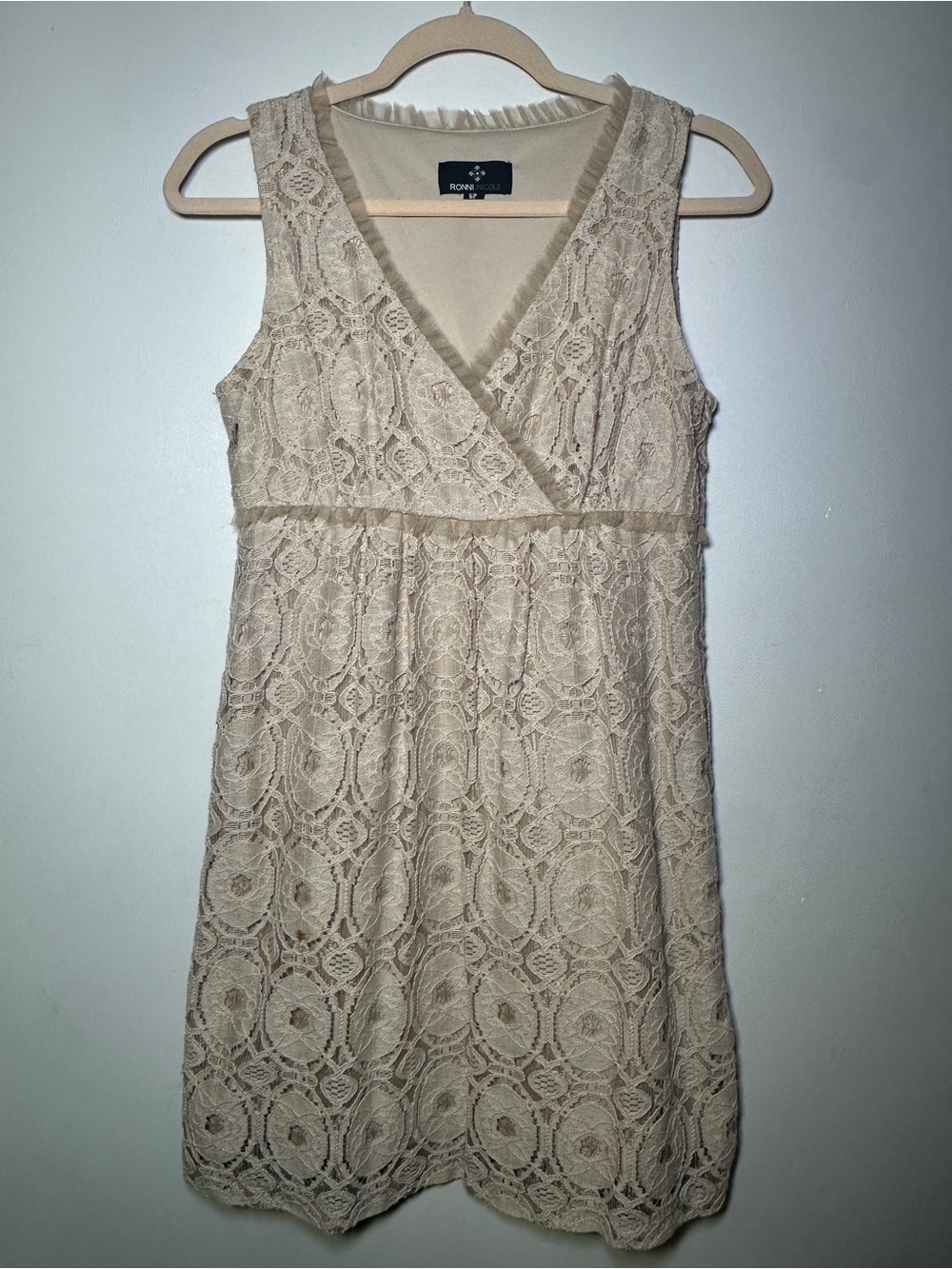 Ronnie Nicole Beige Lace Sleeveless V-Neck Mini Dress Size 6P Wedding Party - Picture 1 of 8